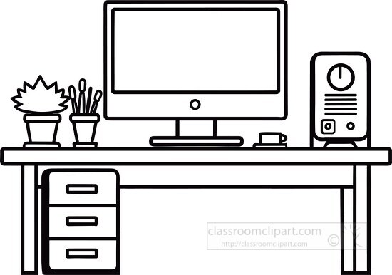 computer setyp on a desk black outline