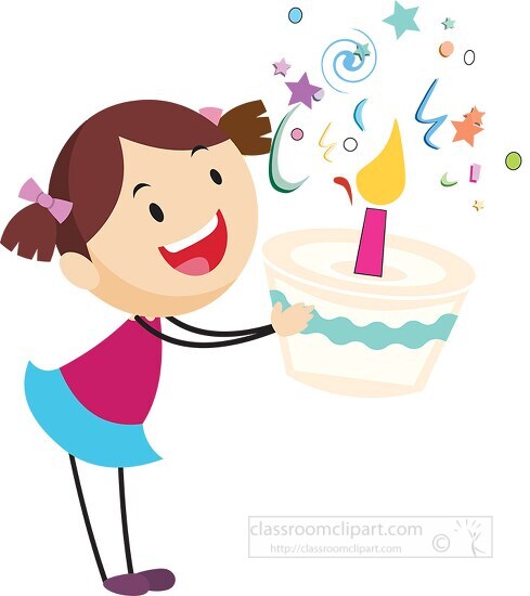 cute stick figure girl celebrating birthday holding cake with ca