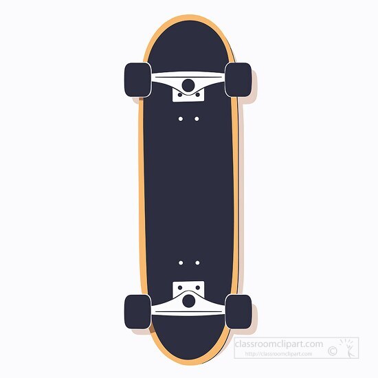 dark blue skateboard with light wood outline and black wheels