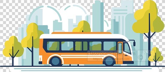 flat design of a city bus on a road with city buildings