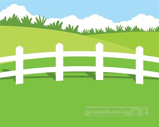green rolling hill with white picket fence clipart