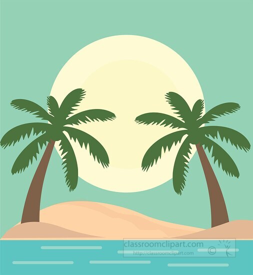 large bright sun over island with palm trees