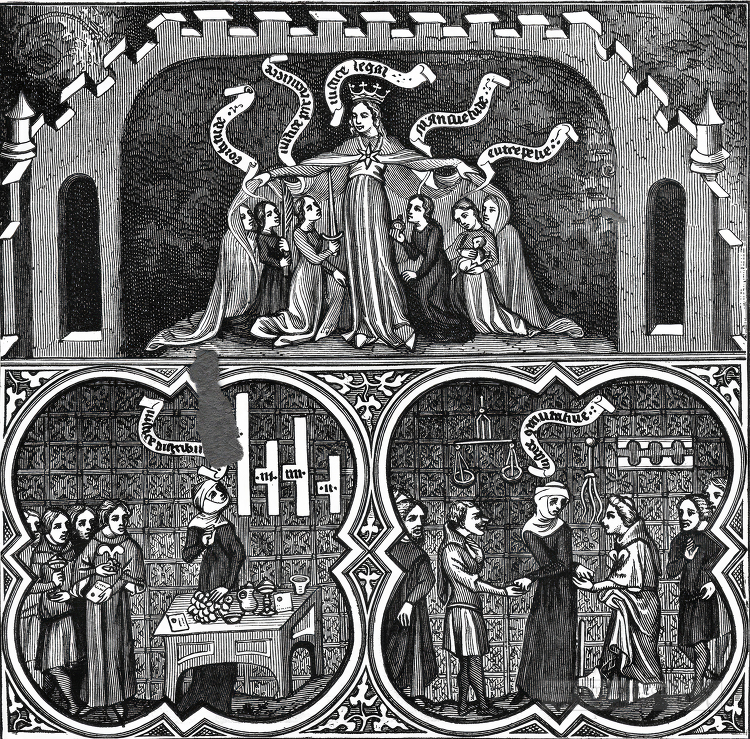 black and white illustration of a castle with people