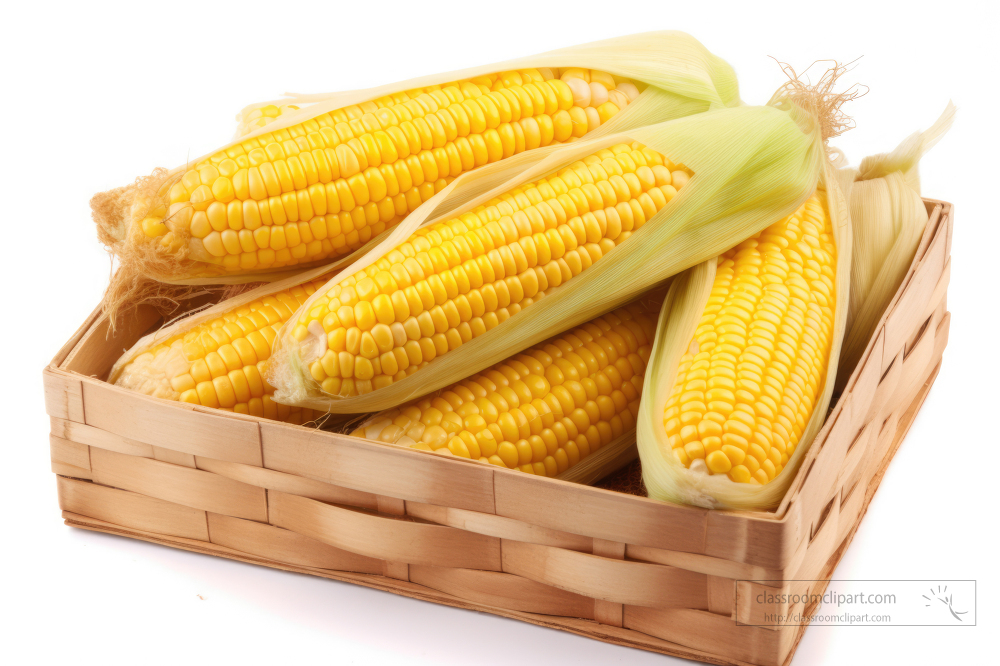 freshly picked corn in a wicker basket