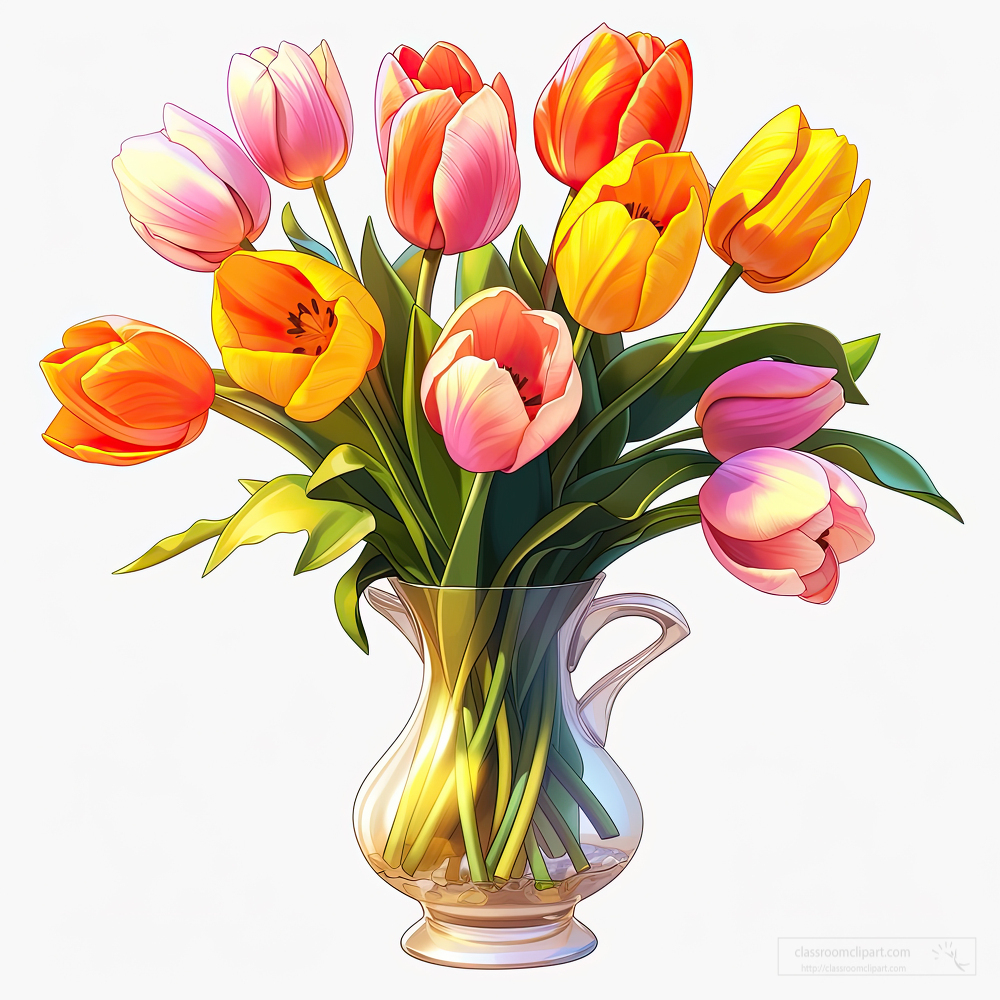glass vase of mixed colorful tulips