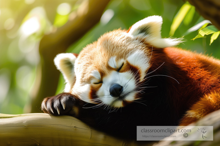 peaceful red panda asleep on a tree branch