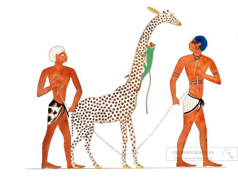 two ancient egyptains with giraffe attached to rope