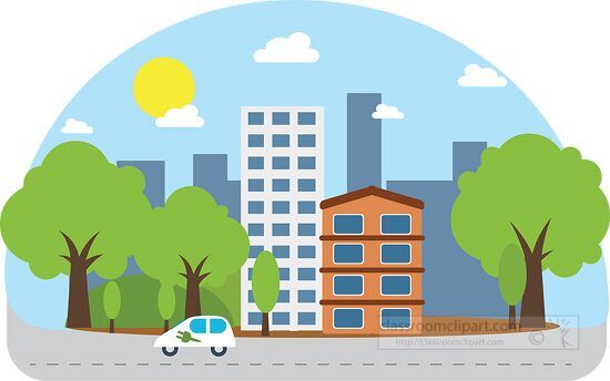 pollution free electric car driving on city street clipart