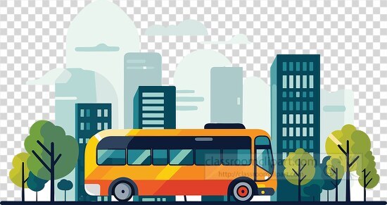stylized city bus travels on a clear day with skyscrapers