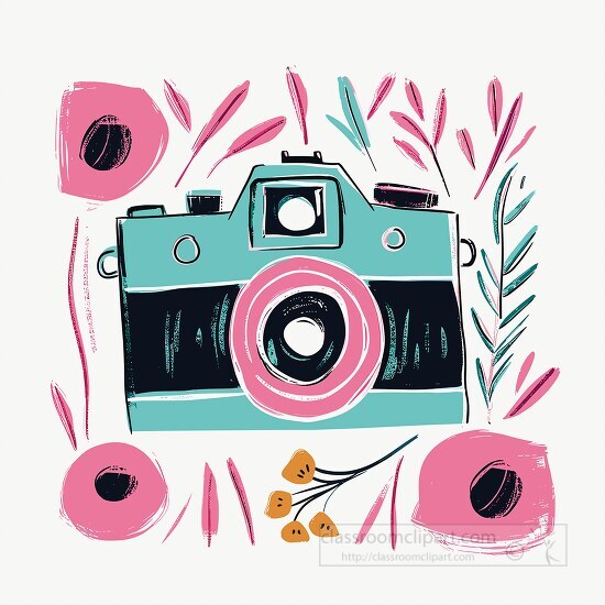 stylized vintage camera surrounded by abstract floral elements i