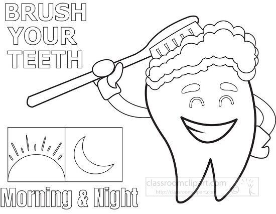 tooth cartoon holding a toothbrush brush twice a day morning nig