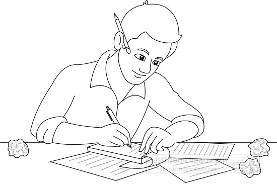 writer with crumpled paper black outline clipart
