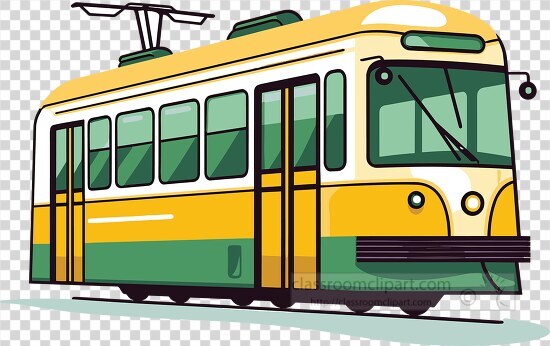 yellow and green tram moves through the city in a stylized form