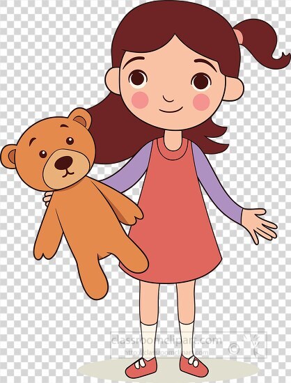 young girl with a long ponytail holding her teddy bear