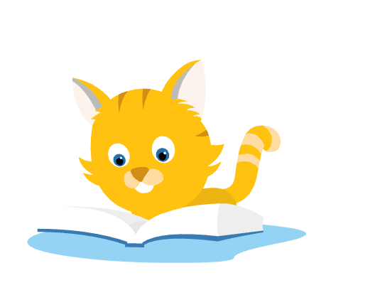 animated cat reading a book