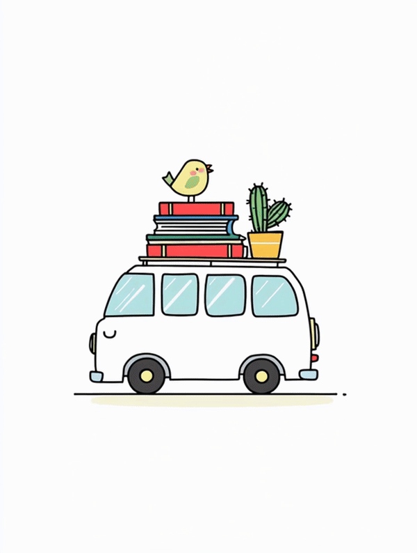 van with books bird and cactus animated gif
