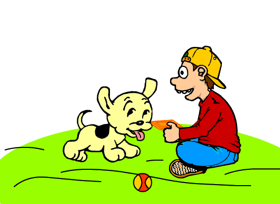 Boy feeding a dog cartoon style animated gif