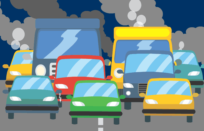 cars in traffic polluting the air animated clipart