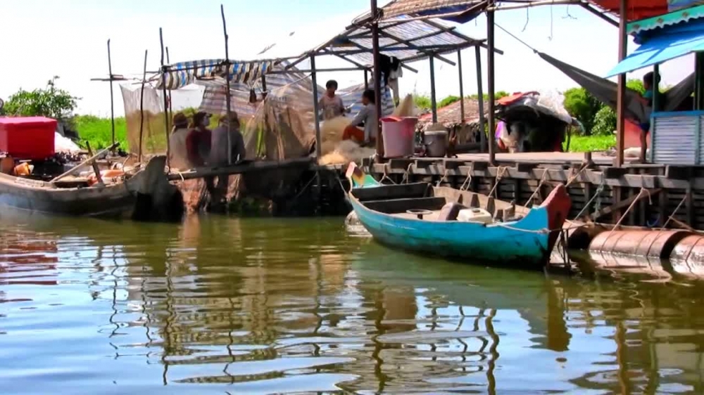 fisherman removing fish from net Cambodia