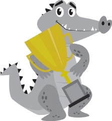 alligator cartoon character holding trophy