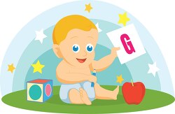 baby holding letter of alphabet G flat design vector clipart