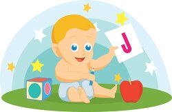 baby holding letter of alphabet J flat design vector clipart