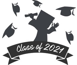 banner with class of 2021 graduate silhouette with caps in air c