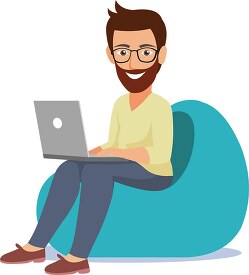 bearded man sitting on bean bag working on laptop clipart