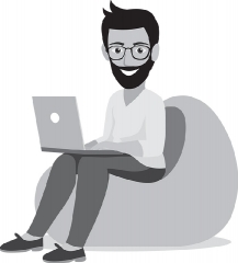 bearded man sitting on bean bag working on laptop color gray