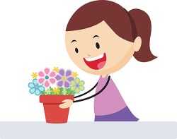 beautiful girl holding colourful flower pot clipart