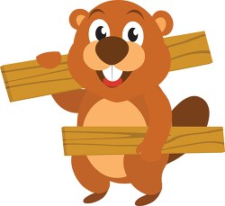 beaver cartoon character holding wood planks clipart