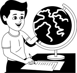 black outline geography boy looking in geo globe clipart