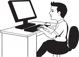 black outline teenage boy student in computer class clipart