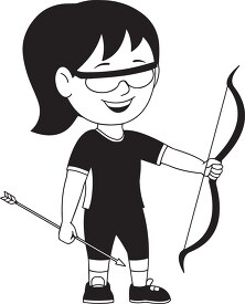 black white archery girl with bow and arrow clipart