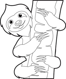 black white outline clipart sloth hanging on tree branch