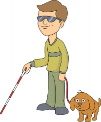 blind man using cane with his dog