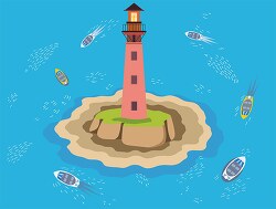 boats in ocean circling a lighthouse on island clipart