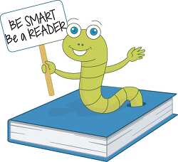 book worm in book holding be smart be a reader sign clipart