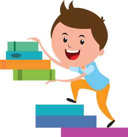 boy climbing books while holding books in handls clipart