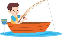 boy fishing in small motor boat clipart