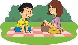 boy girl enjoying picnic in garden clipart