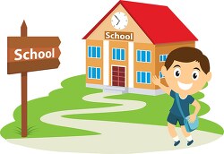 boy going to school and waving school clipart