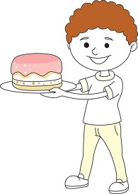 boy holding birthday cake with candle light color black outline