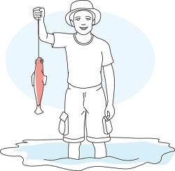 boy holding fish on hook color outline clipart