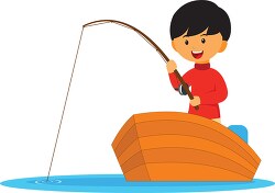 boy holding fishing rod while in small wooden boat clipart
