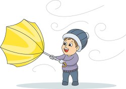 boy holding umbrella blowing in wind clipart