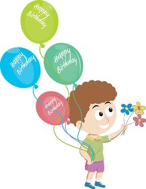 boy holds flowers and happy birthday day balloon