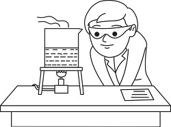 boy looking at experiment in lab black white outline