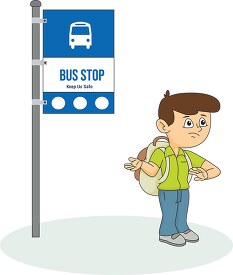boy looking at watch waiting for bus at bus stop
