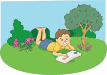 boy lying on grass at park reading book clipart